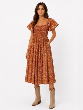 Mata Traders Rust Floral Midi Dress Size Small to Medium